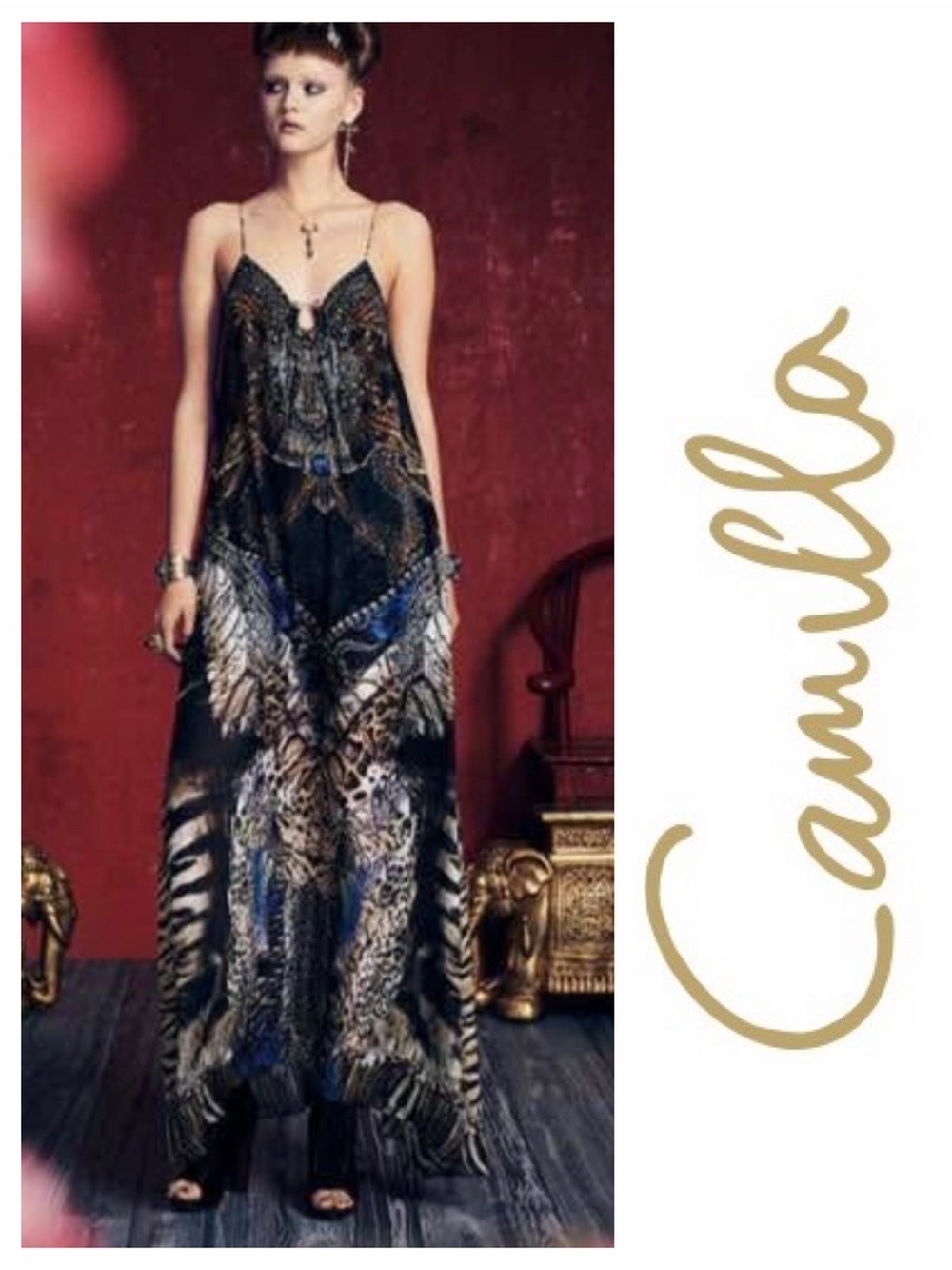 Camilla Dragon Lady U-Ring Long Dress with Overlay size small EUC